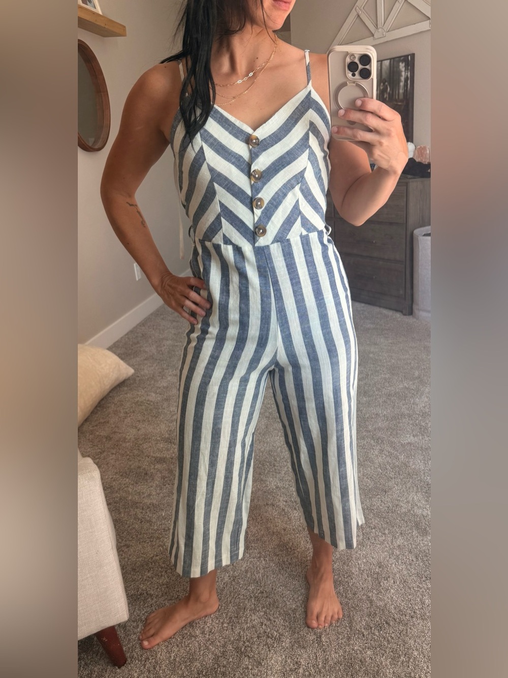 Kensie Blue and White Striped Sleeveless Jumpsuit